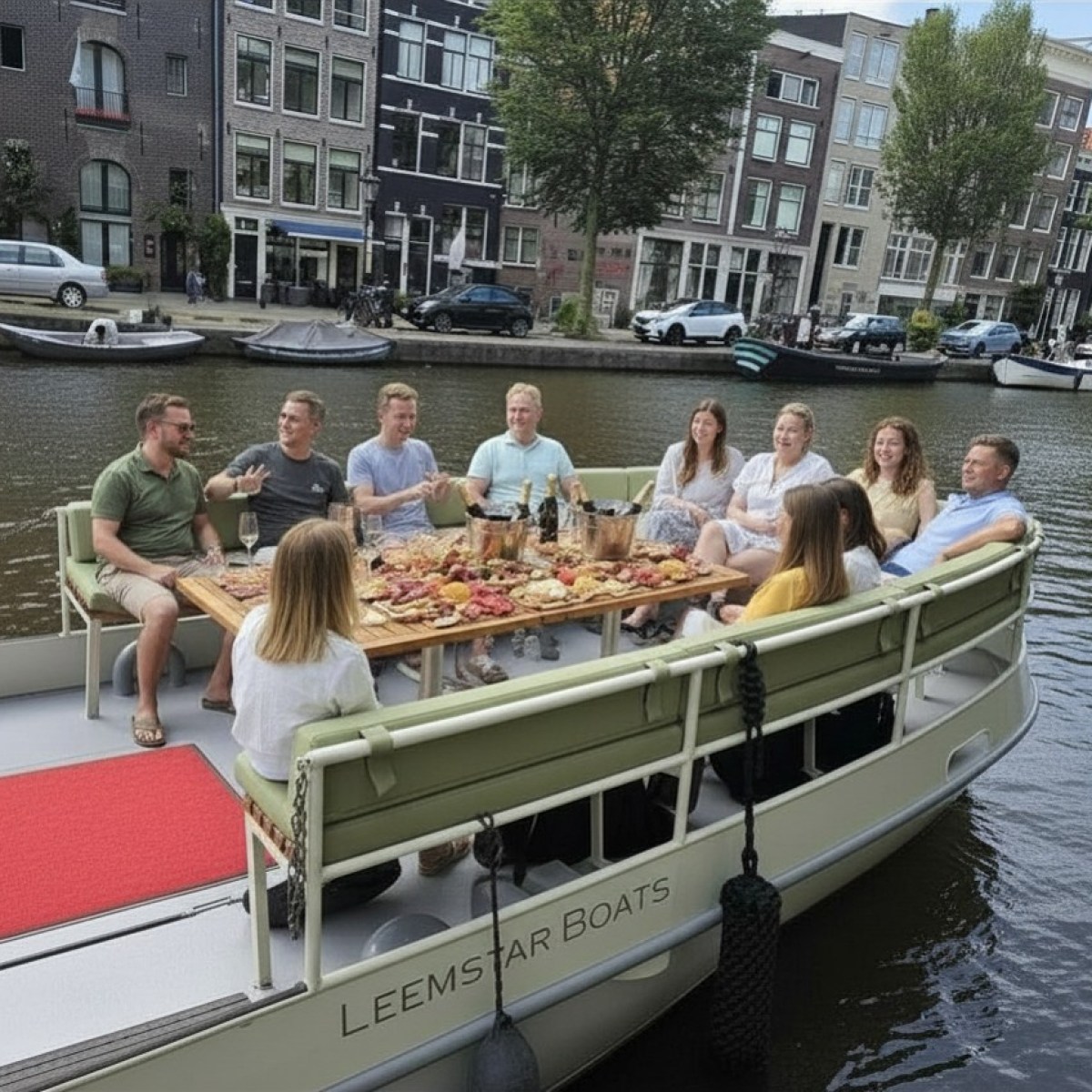 Group of people dining on a boat on a canal with buildings in the background.