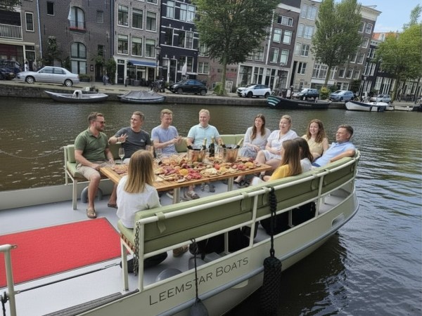 Group of people dining on a boat on a canal with buildings in the background.