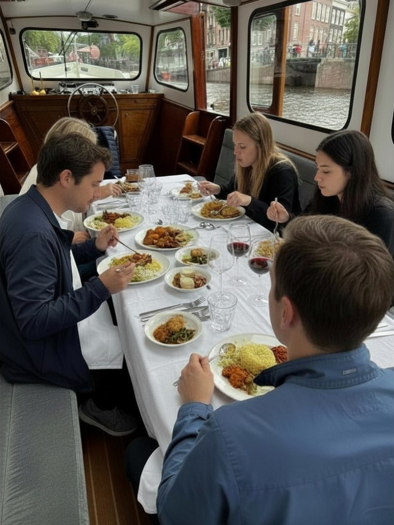 People dining on a boat with a table set for a meal.