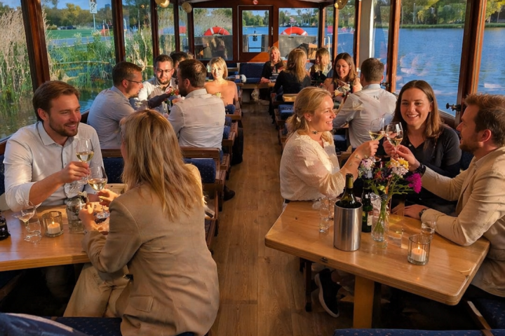 People dining in a cozy boat with large windows and a scenic view.