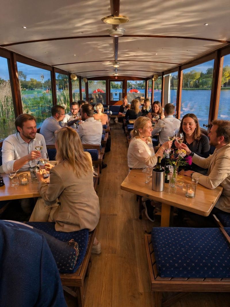 People dining in a cozy boat with large windows and a scenic view.
