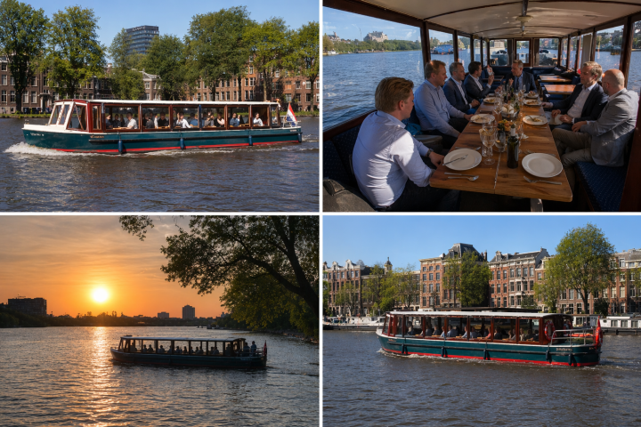 Four scenes of a boat on a river, including interior dining and sunset view with city buildings.