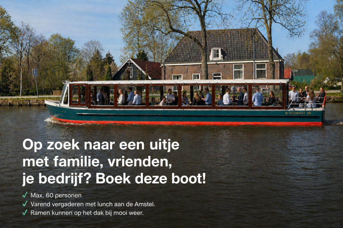 Tour boat on canal with people, green grass, and house in background, text promoting boat trip.