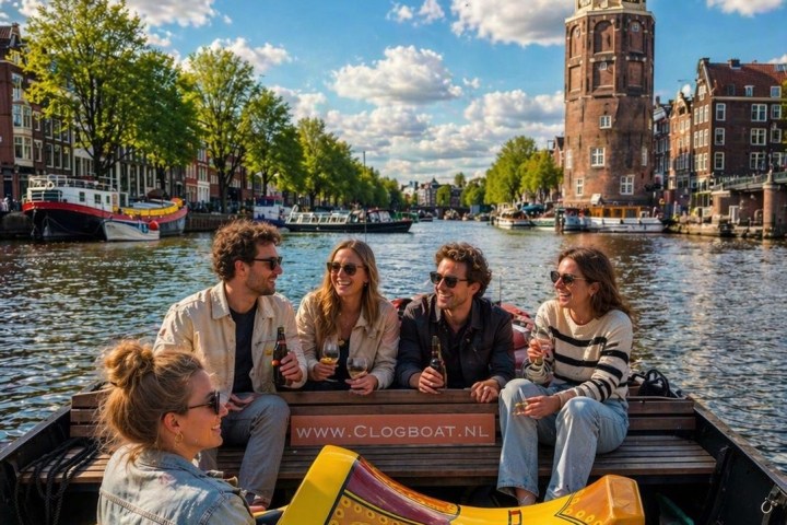 Five people on a boat with a giant yellow clog, canal and tower in background.