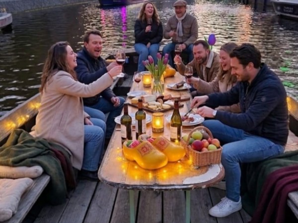 Group enjoying a meal on a boat in a canal during sunset.