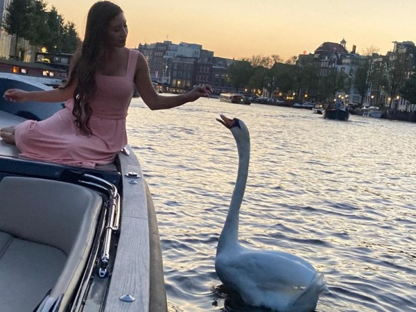 Woman in pink dress reaches out to swan from a boat on a river at sunset.
