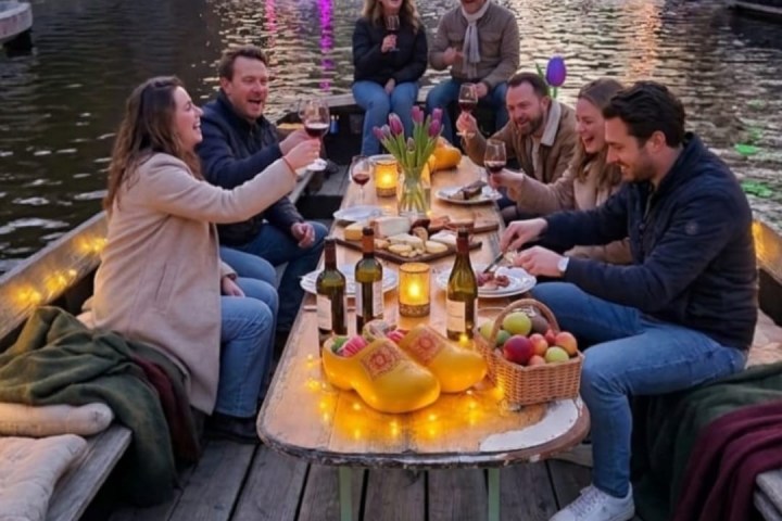 Group of people dining on a canal boat at sunset with cityscape in background.