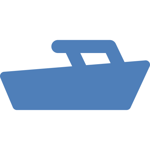 Blue line drawing of a boat on wavy water.