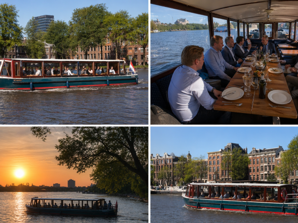 Collage of people dining on a boat, river scenery, and sunset in a European city.